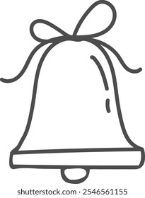 Hand-drawn doodle of a Christmas bell with a ribbon, featuring a minimalist line-art style. Ideal for holiday decorations, greeting cards, festive designs, and seasonal projects.