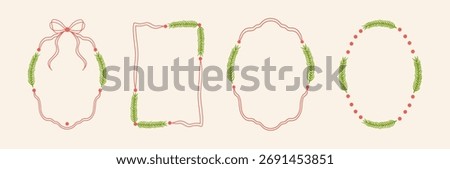 Hand-drawn doodle Christmas frame set with vector text boxes, tree branches, ribbons, and bows.Quote frames, geometric shapes, and wavy designs for elegant winter holiday decorations.New Year border. 