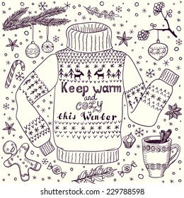 Handdrawn doodle Christmas or winter greeting card with cozy pullover