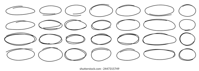 Handgezeichnete Doodle Circle Highlights. Pinsel Marker Stift rund Ovale. Horizontale Ellipseneindringung zeichnen. Runde Kritzel-Rahmen. Vektorillustration der freihändig bemalten Rundnote