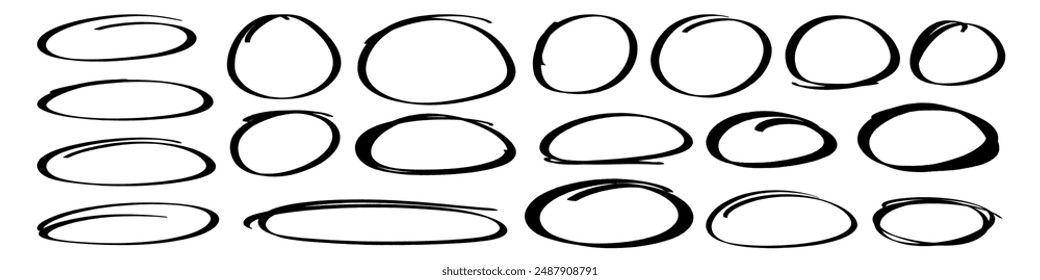 Handdrawn doodle circle highlights. Brush marker pen round ovals. Scribble horizontal ellipse inrounder. Round scrawl frames. Vector illustration of freehand painted circular note