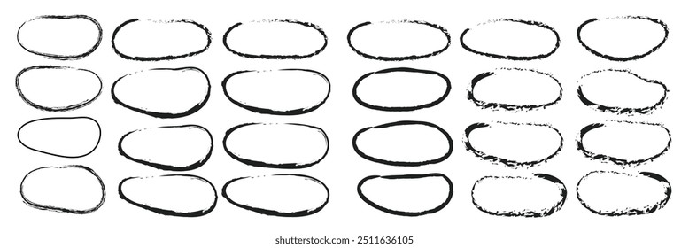 Handdrawn doodle circle highlights. Brush marker pen round ovals. Scribble horizontal ellipse inrounder. Round scrawl frames. Vector illustration of freehand painted circular note vector illustration