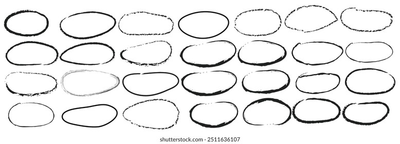Dibujado a mano doodle círculo destacados. Rotulador de pincel óvalos redondos. Garabato Horizontal elipse inrounder. Marcos de garabato redondos. Ilustración vectorial de la Ilustración vectorial circular pintada a mano alzada de la nota