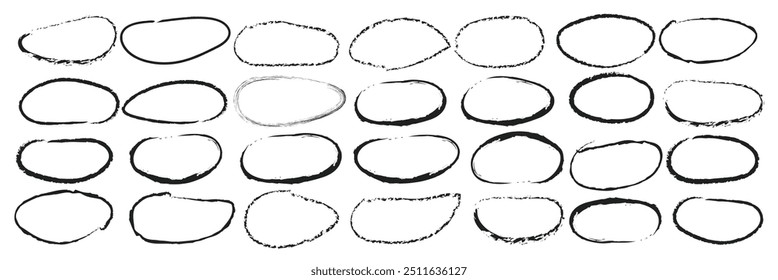 Handdrawn doodle circle highlights. Brush marker pen round ovals. Scribble horizontal ellipse inrounder. Round scrawl frames. Vector illustration of freehand painted circular note vector illustration