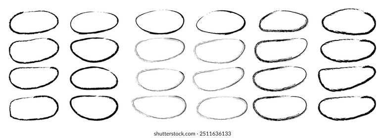 Handdrawn doodle circle highlights. Brush marker pen round ovals. Scribble horizontal ellipse inrounder. Round scrawl frames. Vector illustration of freehand painted circular note vector illustration