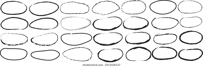 Handdrawn doodle circle highlights. Brush marker pen round ovals. Scribble horizontal ellipse inrounder. Round scrawl frames. Vector illustration of freehand painted circular note vector illustration