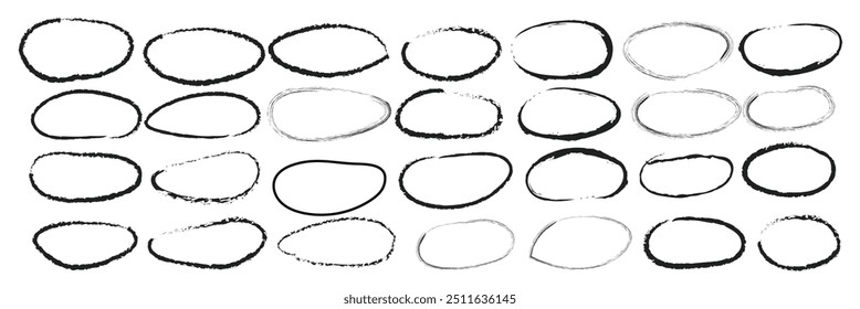 Handdrawn doodle circle highlights. Brush marker pen round ovals. Scribble horizontal ellipse inrounder. Round scrawl frames. Vector illustration of freehand painted circular note vector illustration