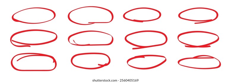 Handdrawn doodle circle highlights. Brush marker pen round ovals. Scribble horizontal ellipse inrounder. Round scrawl frames. Vector illustration of freehand painted circular note