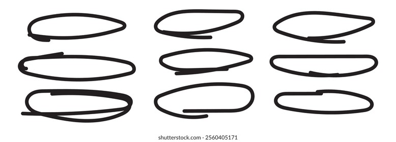 Handdrawn doodle circle highlights. Brush marker pen round ovals. Scribble horizontal ellipse inrounder. Round scrawl frames. Vector illustration of freehand painted circular note