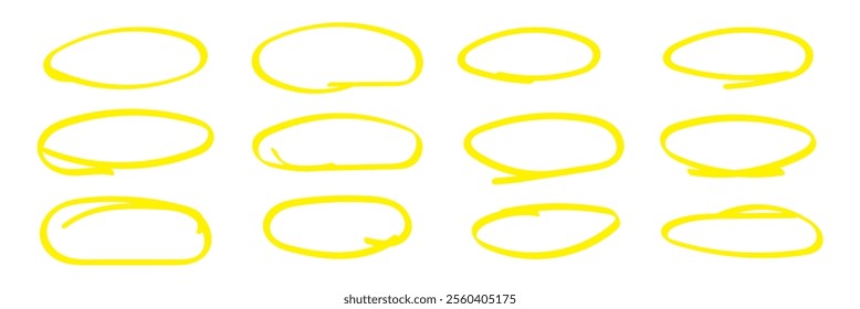 Handdrawn doodle circle highlights. Brush marker pen round ovals. Scribble horizontal ellipse inrounder. Round scrawl frames. Vector illustration of freehand painted circular note