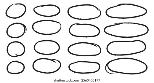 Handdrawn doodle circle highlights. Brush marker pen round ovals. Scribble horizontal ellipse inrounder. Round scrawl frames. Vector illustration of freehand painted circular note