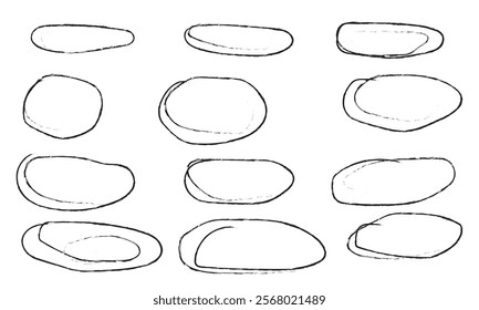 Handdrawn doodle circle highlights. Brush marker pen round ovals. Scribble horizontal ellipse inrounder. Round scrawl frames. Vector illustration of freehand painted circular note