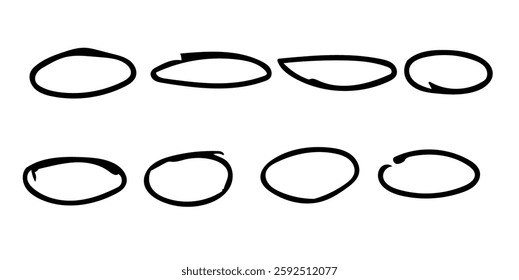 Handdrawn doodle circle highlights. Brush marker pen round ovals. Scribble horizontal ellipse inrounder. Round scrawl frames. Vector illustration of freehand painted circular note