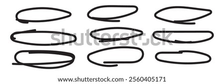 Handdrawn doodle circle highlights. Brush marker pen round ovals. Scribble horizontal ellipse inrounder. Round scrawl frames. Vector illustration of freehand painted circular note