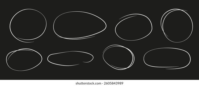 Hand-Drawn Doodle Circle and Oval Strokes – White Marker Sketch Lines, Outline Scribbles, and Stroke Set – Vector Illustration