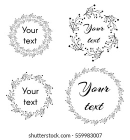 Hand-drawn doodle circular frame. Sketch circles drawn brushes pen with branches hearts. Frames for the Valentine's day, wedding decor. Set circle branch with hearts