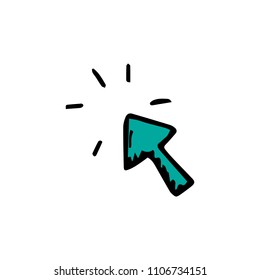 Handdrawn doodle click arrow icon. Hand drawn black sketch. Sign symbol. Decoration element. White background. Isolated. Flat design. Vector illustration.