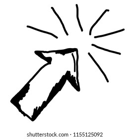 Handdrawn doodle click arrow icon. Hand drawn black sketch. Sign symbol. Decoration element. White background. Isolated. Flat design. Vector 
