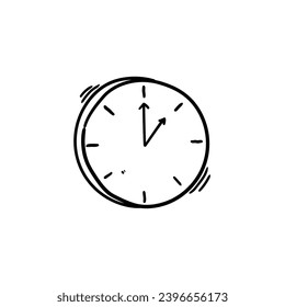 Reloj de doodle dibujado a mano aislado en un fondo blanco. Ilustración vectorial.