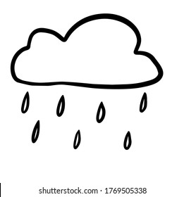 Handdrawn Doodle Cloud With Rain Drops. Autumn Rain Background.  Illustration In Cartoon Style.  Vector Illustration On White Background. For Cards, Posters, Decor, T Shirt Design, Logo.