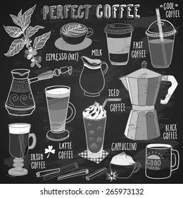 hand-drawn doodle coffee set on chalkboard