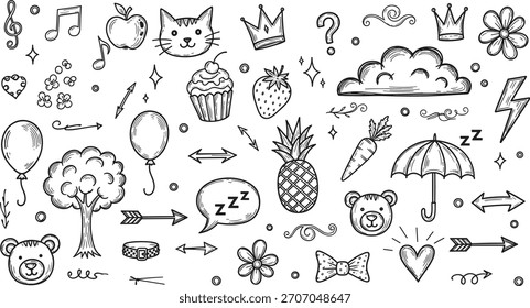 Hand-drawn doodle collage set, black and white cartoon-style icons for kids, creative design, fun illustration, and decorative vector content us