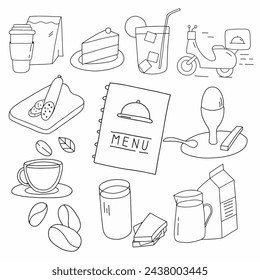 Hand-Drawn Doodle Collection Depicting Assorted Coffee Shop Items and Accessories