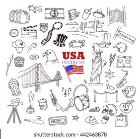 Hand-drawn doodle collection of the different American objects, buildings and signs. Line art icons set