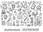 Hand-drawn doodle collection featuring educational symbols like books, calculators, lab equipment, and art tools, representing learning and school themes.