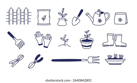 Hand-Drawn Doodle Collection of Gardening Essentials and Plant Illustration