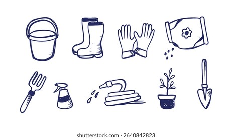 Hand-Drawn Doodle Collection of Gardening Essentials and Plant Illustration