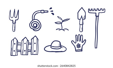 Hand-Drawn Doodle Collection of Gardening Essentials and Plant Illustration