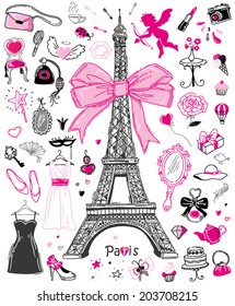 Hand-drawn doodle collection of Paris symbols