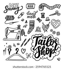 Hand-Drawn Doodle Collection of Sewing and Tailoring Tools – Artistic Illustration Featuring Needle, Thread, Scissors, Spools, and Measuring Tape for Creative Crafting and Design Projects. EPS 10