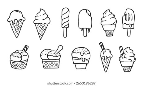 Hand-Drawn Doodle Collection of Various Ice Cream and Popsicle Desserts