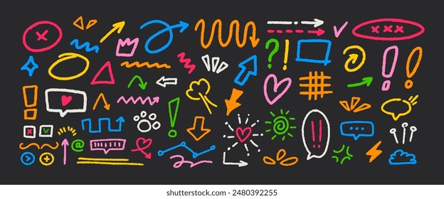 Hand-drawn doodle colorful arrows. Abstract scribble pencil drawn elements. Collection of arrow signs in different directions.