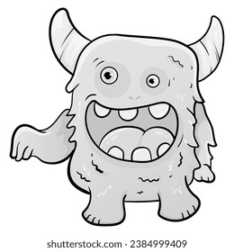 Handdrawn doodle coloring page Cute Monster Comic halloween joyful monster characters kids cartoon character design for poster, baby products logo and packaging design.