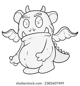 Handdrawn doodle coloring page Cute Monster Comic halloween joyful monster characters kids cartoon character design for poster, baby products logo and packaging design.