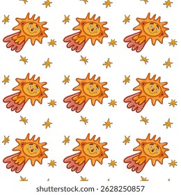 Hand-Drawn Doodle Comet and Stars. Seamless pattern. For Children’s party projects, Kids and baby room decorations, Clothing prints and textiles, Birthday party decorations, Playful home decor product
