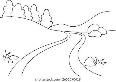 Hand-drawn doodle of a countryside road trip, a simple black and white vector graphic symbolizing adventure, nature, and the great outdoors.