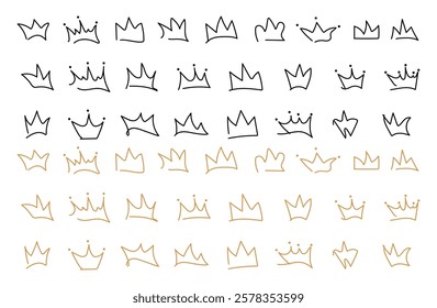 Hand-drawn doodle crowns. King crown sketches, majestic tiara, king and queen royal diadems vector. Line art prince and princess luxurious head accessories isolated on white background	