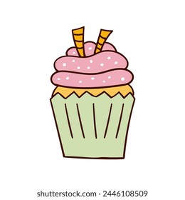 Hand-drawn doodle cupcake style, muffin. Bright and delicious dessert, pastries