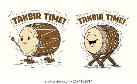 Hand-drawn doodle of a cute bedug drum character with drumsticks and "Takbir Time!" text in fun style.  
