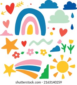 Handgezeichnete Doodle Cute Colorful Kids Art Collection mit Regenbogen, Sternen, Blumen, Sonne, Wolken, Regen, Vektorgrafik