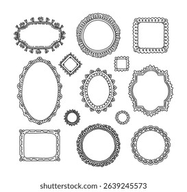 Hand-drawn doodle decorative frames black-and-white trendy coquette design set isolated on white background. Vintage aesthetic linear picture border sketch with empty blank space vector illustration