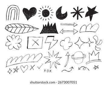 Hand-drawn doodle design elements, charcoal or pencil drawn arrows, circles, stars, hearts, sketch, highlighters, brushes, scribbles, chalk elements, isolated on a white background