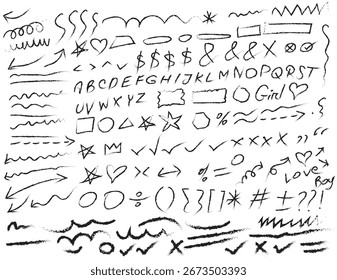 Dibujado a mano doodle Elementos de diseño, carbón, lápiz dibujado flechas, alfabeto, abcd, círculos, estrellas, corazones, bosquejo, resaltadores, pinceles, garabatos, Elementos de tiza, línea aislada sobre un fondo blanco
