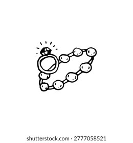 Hand-drawn doodle of a diamond ring linked to a beaded bracelet forming a heart shape, symbolizing love, jewelry, gift, and romance.