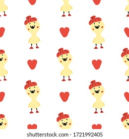 hand-drawn doodle ducks seamless pattern. vector illustration with red hearts and yellow bird on a white background. for packaging, fabrics, or backgrounds.