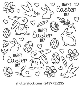 Hand-drawn doodle Easter Day with line eggs, bunny,leaves, heart, rabbit on white background. Vector illustration. Design for coloring book, greeting card, print.